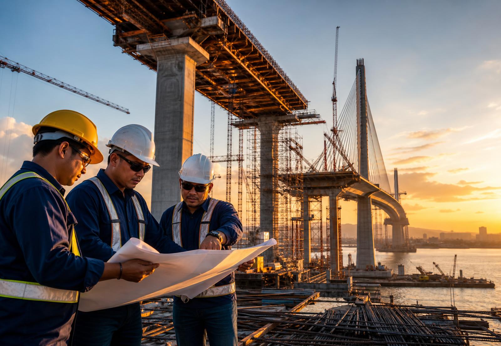 Filipino engineers reviewing blueprints at a major bridge infrastructure project site